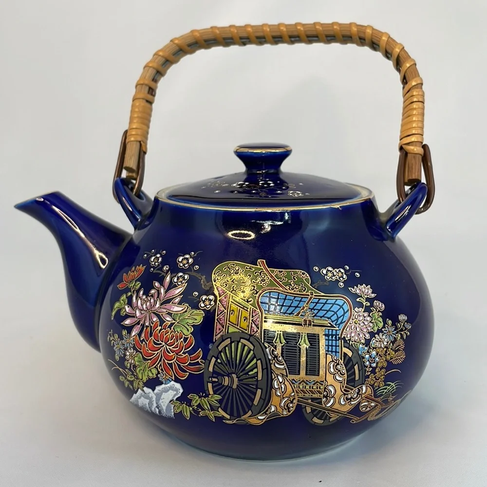 Vintage Kutani Japan Cobalt Blue Teapot Rickshaw Floral Gold Gilt Rattan Handle